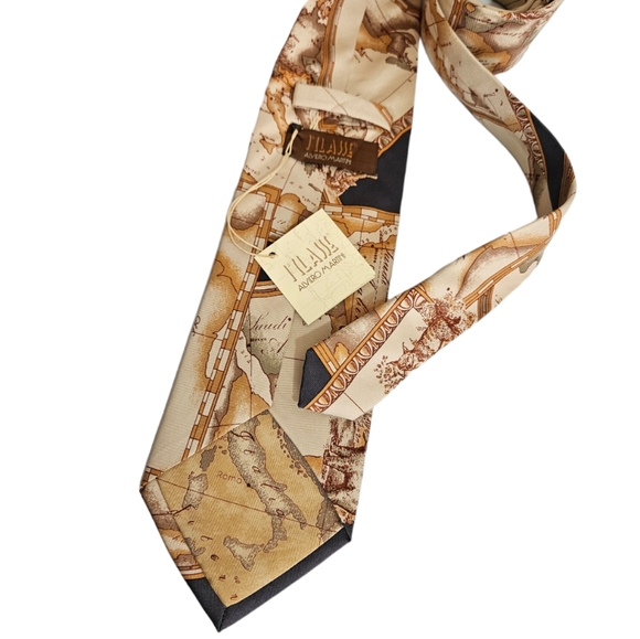 ALVIERO MARTINI Beige Map Silk LUXURY Tie ITALY - Picture 2 of 5